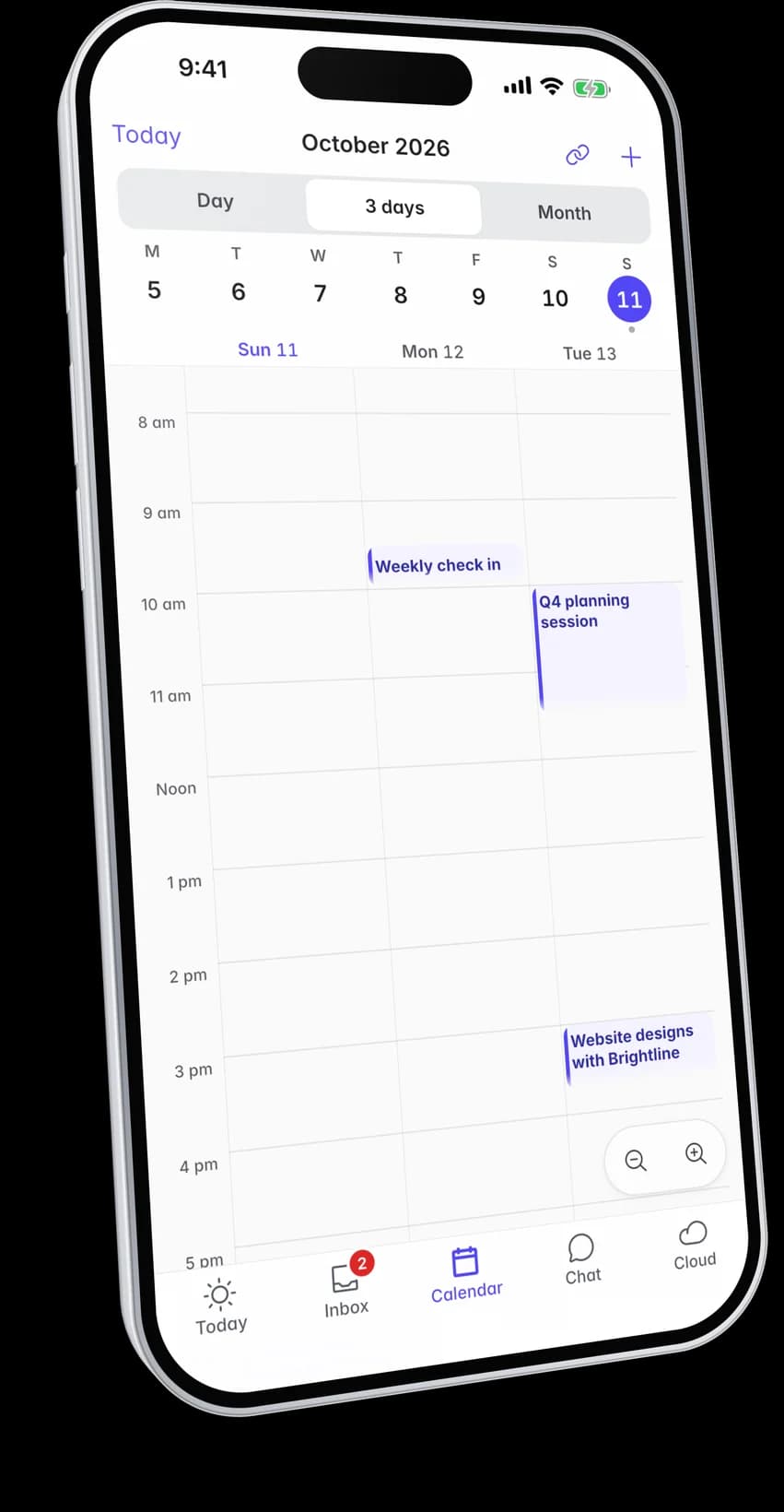 FLO Calendar on a phone showing three days of meetings