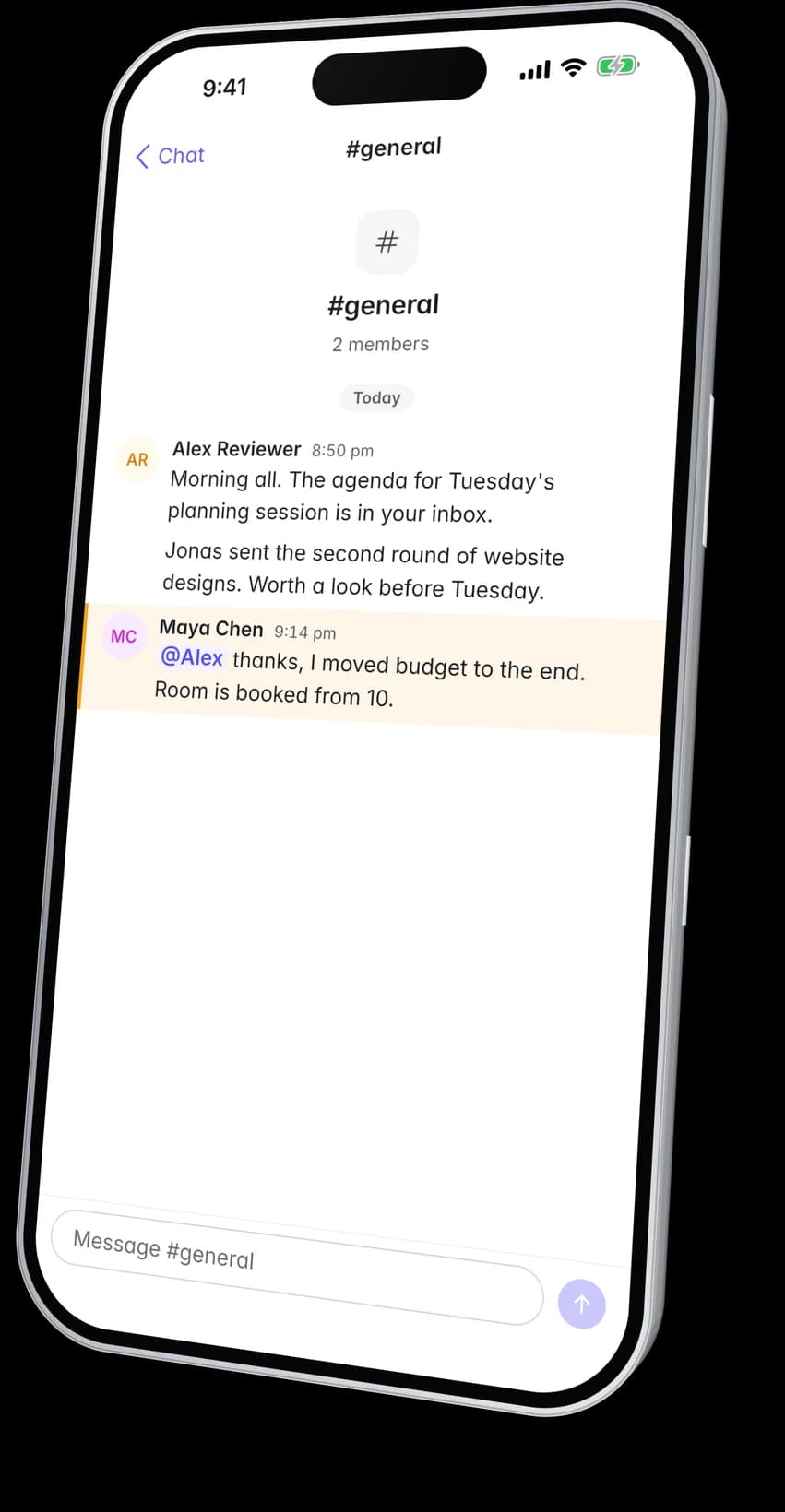 Chat in the app, open on the #general channel with a message that mentions you