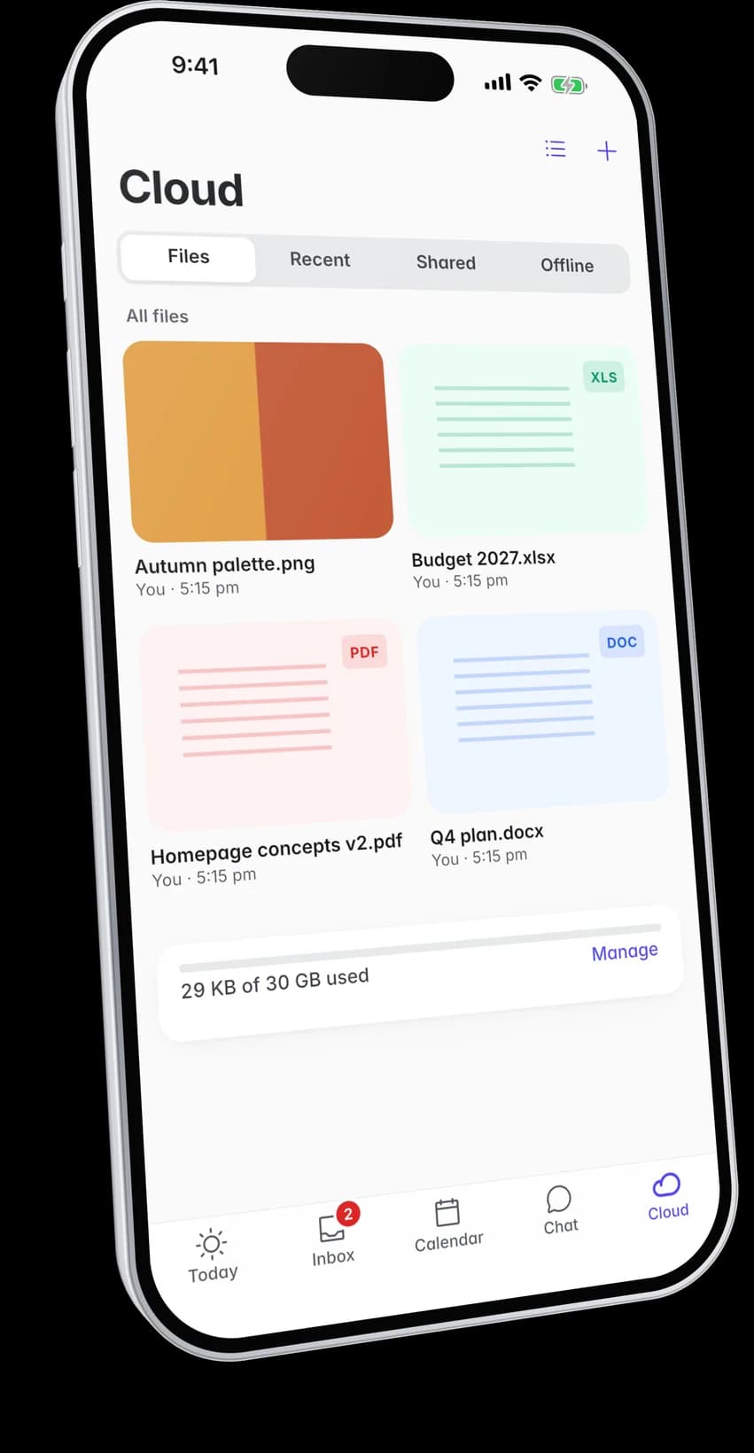 FLO Cloud on a phone showing four files with their thumbnails