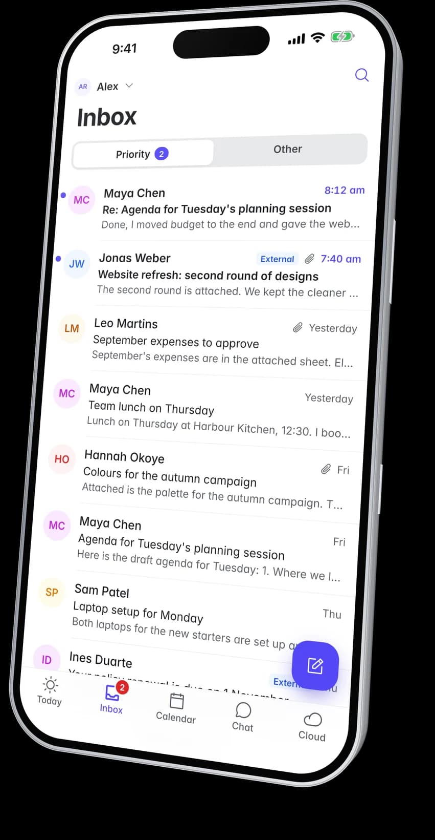 The FLO Inbox on a phone with the Priority tab open