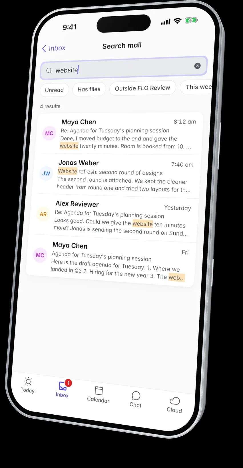 Mail search in the app with the searched word highlighted in each result