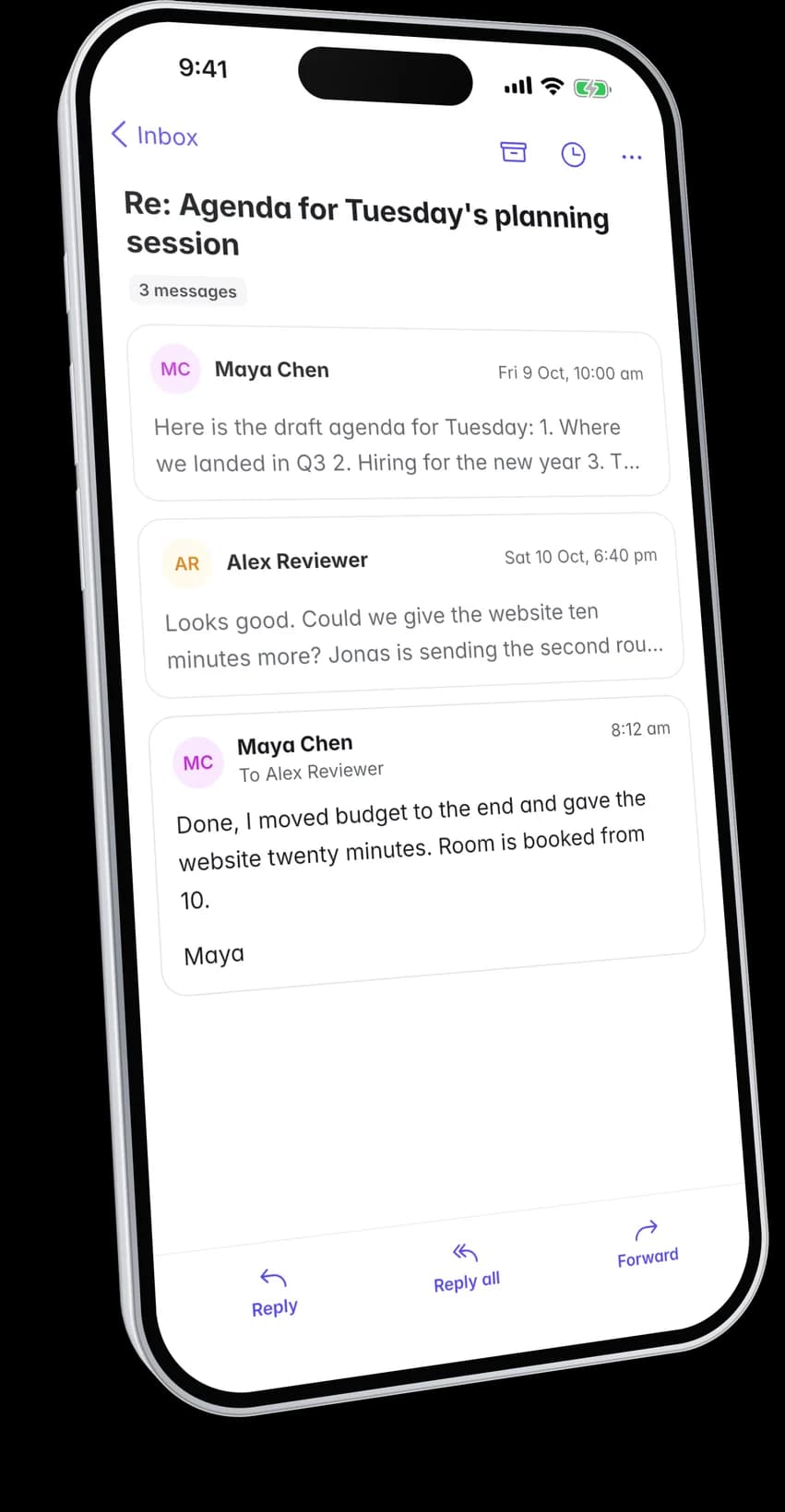 A conversation of three messages in the app with the latest reply open