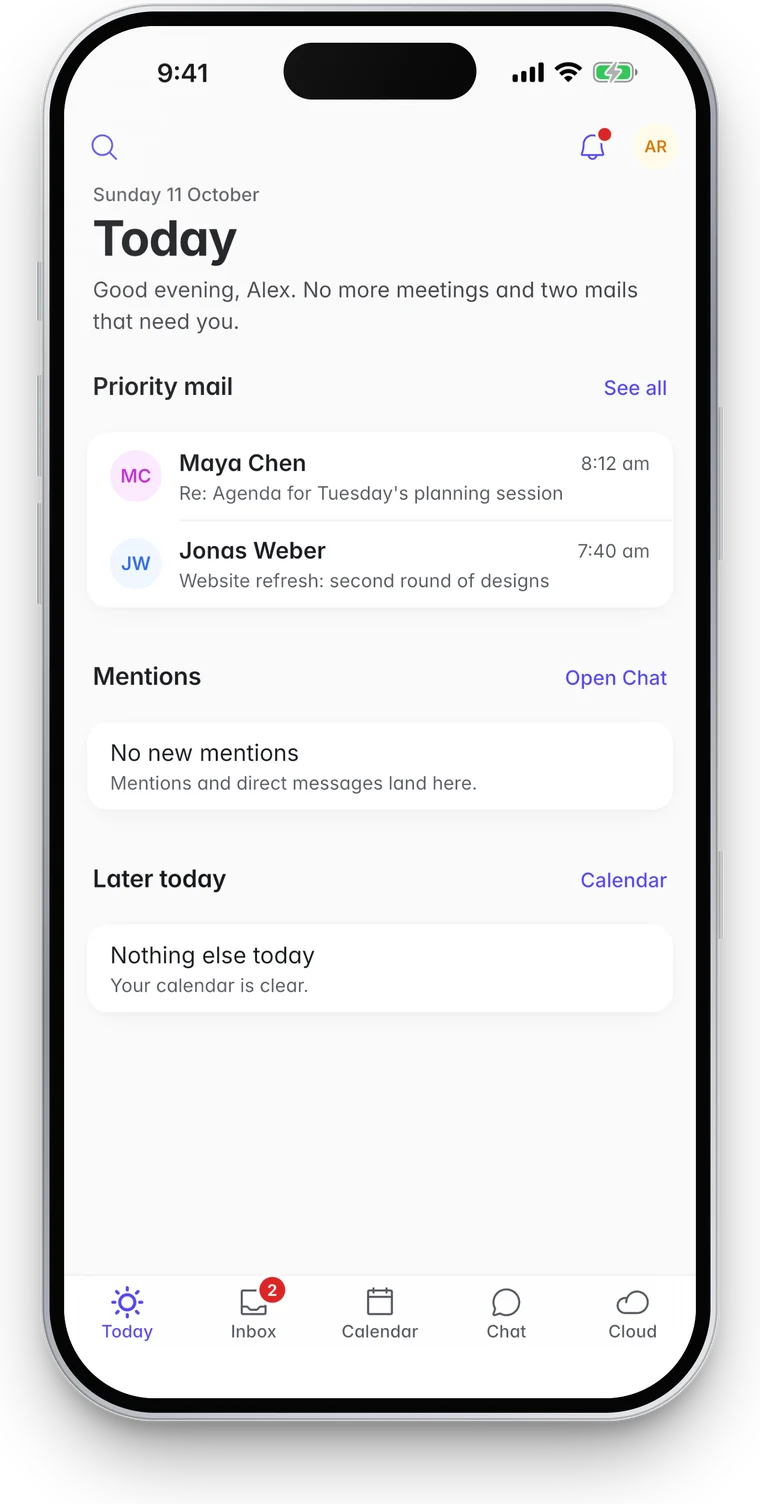 The Today screen in the FLO app with priority mail, mentions and the rest of the day
